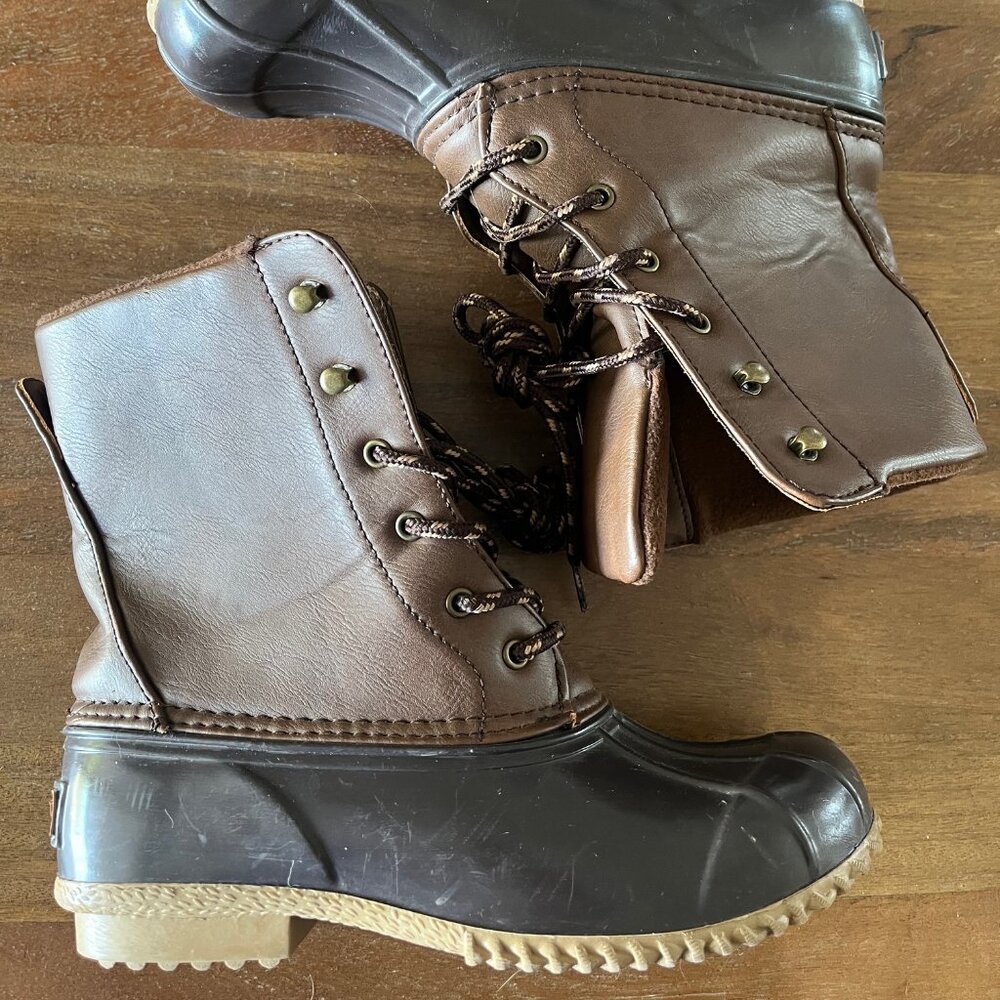 Sugar Waterproof Duck Boots Rain Wet Women's Size 6 Brown -‎ EUC Lace Up